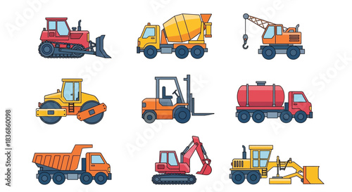 Construction vehicles in action on site with cranes and trucks