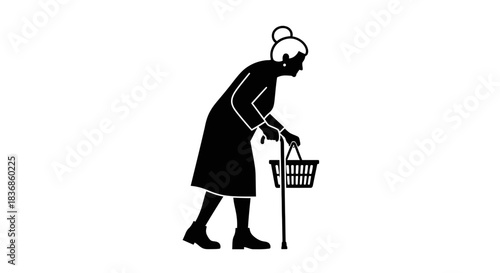 Elderly woman with shopping basket and cane