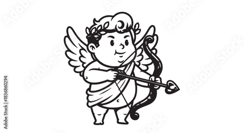 Wallpaper Mural Cartoon Cupid with Wings Drawing a Bow and Arrow in Monochrome Style. Torontodigital.ca