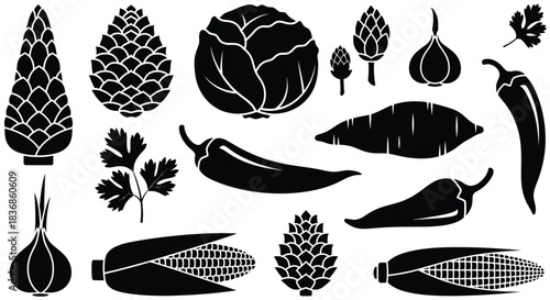 Black silhouettes of various vegetables and herbs