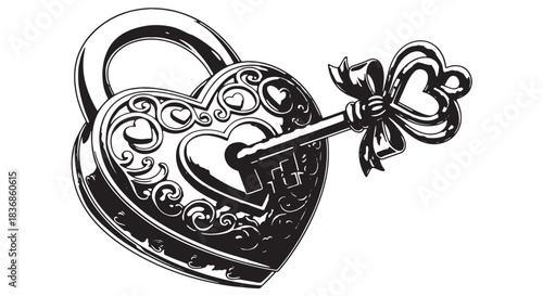 Ornate heart-shaped padlock with a key, a romantic symbol of trust and commitment illustrated in monochrome.
