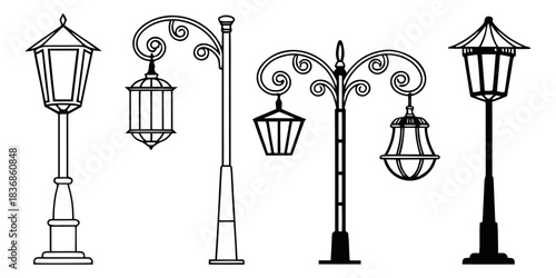 Collection of Minimalist Street Lighting Lamp Icons – Modern Line Art Street Lamp Vector Set, Clean Urban Lighting Symbols, Monochrome Outline Icon Pack”
