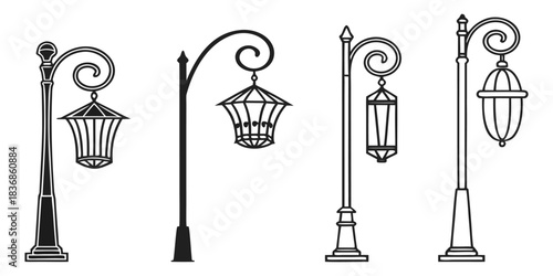 Collection of Minimalist Street Lighting Lamp Icons – Modern Line Art Street Lamp Vector Set, Clean Urban Lighting Symbols, Monochrome Outline Icon Pack”
