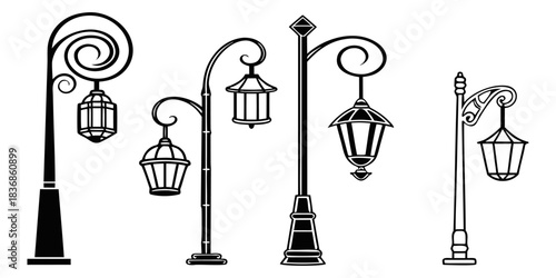 Collection of Minimalist Street Lighting Lamp Icons – Modern Line Art Street Lamp Vector Set, Clean Urban Lighting Symbols, Monochrome Outline Icon Pack”
