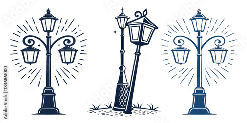 Collection of Minimalist Street Lighting Lamp Icons – Modern Line Art Street Lamp Vector Set, Clean Urban Lighting Symbols, Monochrome Outline Icon Pack”
