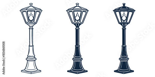 Collection of Minimalist Street Lighting Lamp Icons – Modern Line Art Street Lamp Vector Set, Clean Urban Lighting Symbols, Monochrome Outline Icon Pack”
