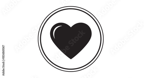 Circular icon featuring a black heart symbol enclosed by double rings on white background.