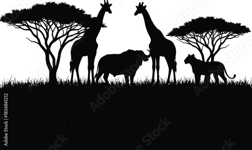 African wildlife silhouette featuring giraffes lion and elephant
