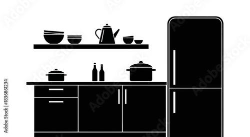 Modern kitchen interior with black appliances and decor