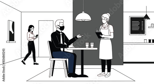 Man wearing mask ordering food from waitress in modern cafe