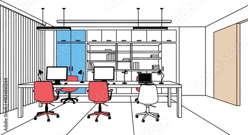 Modern office space with computers and red chairs