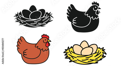 Cute chickens and eggs in nests illustrations