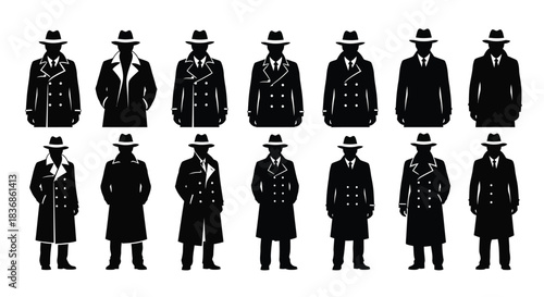 Silhouettes of men in coats and hats for business or film projects