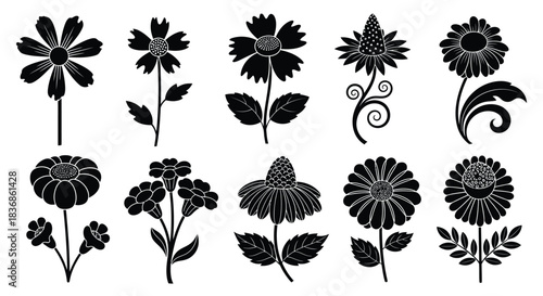 Black floral silhouettes with white details on white background
