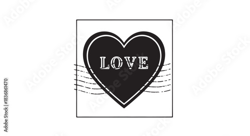 Minimalist black and white heart emblem with subtle music staff background for design.