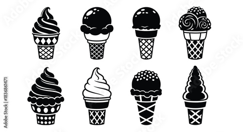 Variety of ice cream cones and flavors in black and white