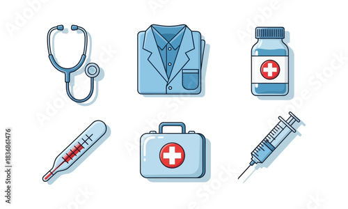 Set of medical tools and healthcare equipment in vector style