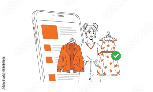 Woman shopping online with dress and jacket on hangers in hand