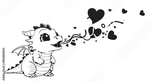 Whimsical black and white illustration of a baby dragon releasing hearts in flight.