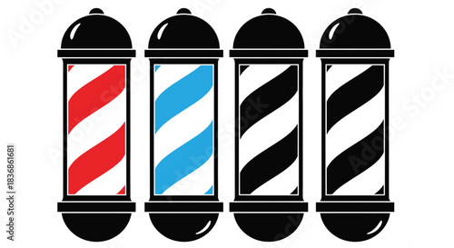 Vintage barber shop poles in red, blue, and black