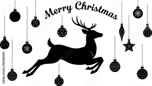 Black and white silhouette graphic featuring a leaping reindeer surrounded by various hanging christmas ornaments and festive text
