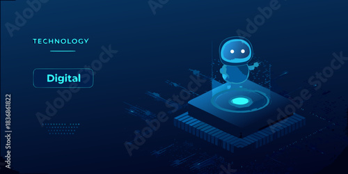 Futuristic robot standing on a platform with digital technology background