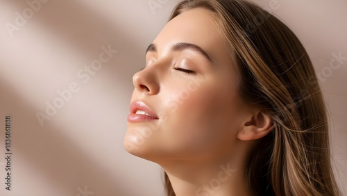 Young woman enjoying sunlight on her face with closed eyes.