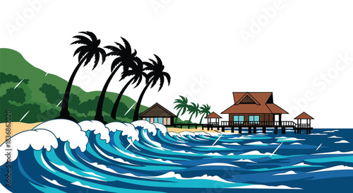 Tropical beach huts on stilts during intense stormy weather