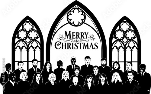 Silhouette of a diverse church choir singing christmas carols in front of ornate gothic stained glass windows