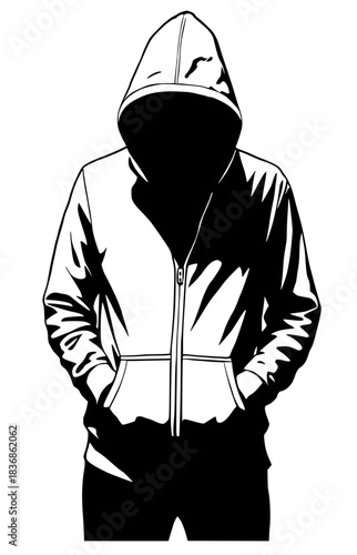 Black vector line art of a person wearing a zippered hooded sweatshirt with the hood up, obscuring the face completely.