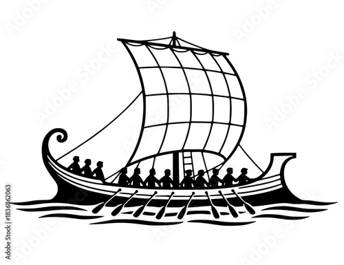 Black silhouette icon of a Roman warship or galley (such as a trireme) with a large square sail and a full crew of oarsmen.