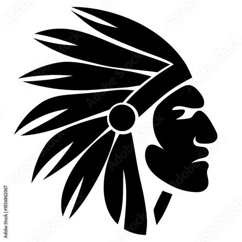 Stylized black silhouette profile of a chief or warrior head wearing a long, elaborate feathered headdress.