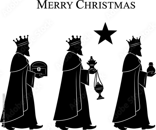 Silhouette of the three wise men carrying gifts following the star for a traditional merry christmas greeting design