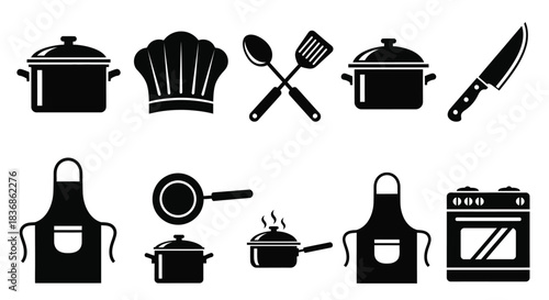 Black kitchen icons set for cooking and culinary themes