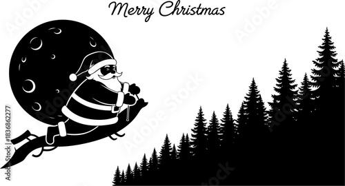 Black and white silhouette graphic featuring santa claus flying with a large moon sack over a dark pine forest landscape for christmas