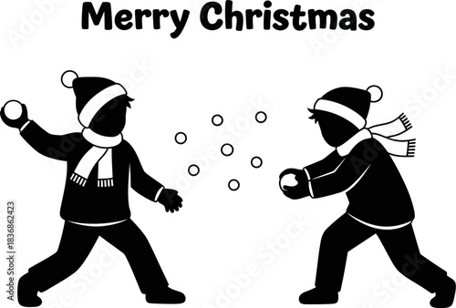 Black and white silhouette graphic depicts two children happily engaged in a playful winter snowball fight under a merry christmas greeting