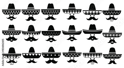 Black silhouettes of sombreros and mustaches on white