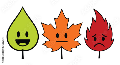 Cartoon elements show different emotions and nature symbols