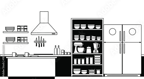 Modern kitchen interior with appliances and cookware