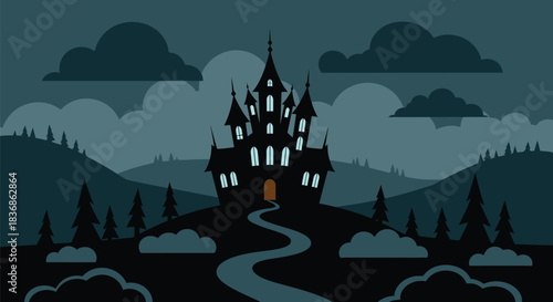 Mysterious castle on hill at night with winding road