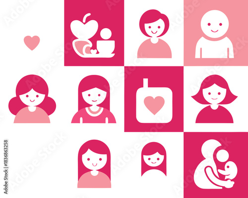 Modern female and motherhood icons set. women's rights and health