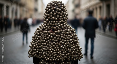Fototapeta Naklejka Na Ścianę i Meble -  Person covered in small metallic spheres walking down a city street.