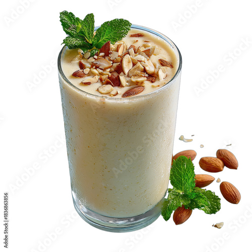 Creamy almond and mint smoothie in a clear glass, topped with nuts
