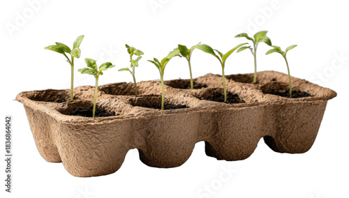 Seedlings sprout in a molded pulp tray, ready for growth