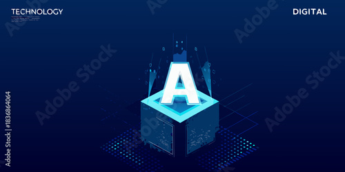Abstract artificial intelligence concept with letter a and digital elements