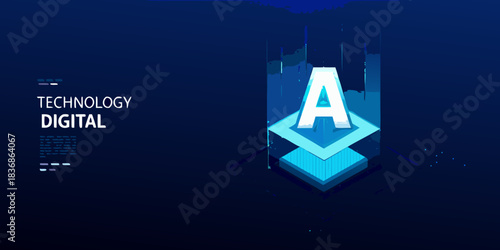Abstract technology background with letter a and digital elements on dark blue
