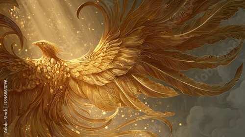 middleground. Phoenix bird with flowing tail feathers in golden light atmosphere, elegant mythological art. wildlife magazines, conservation campaigns, designed for eco-tourism storytelling.