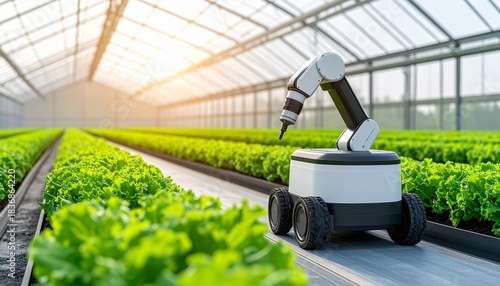 Autonomous agricultural robots operating in a smart farm greenhouse harvesting lettuce with advanced agritech automation and precision agriculture technology.