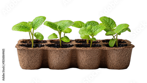 Young seedlings sprout from a peat tray, ready for planting