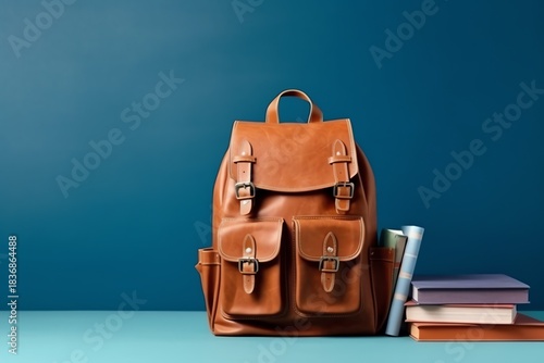Modern school backpack and books on blue background